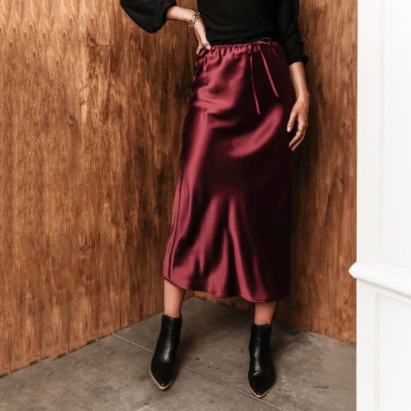 bohme Dresses & Skirts - BOHME Drawstring Waist Satin Midi Skirt Burgundy Size Medium